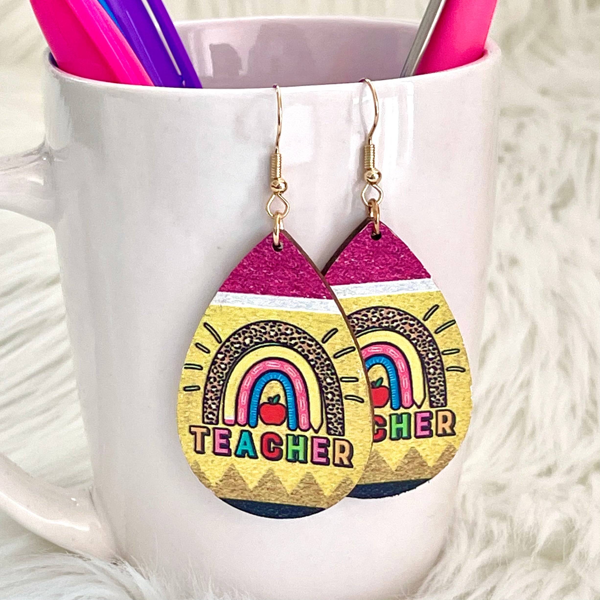 Teacher Pencil Rainbow Wood Earrings