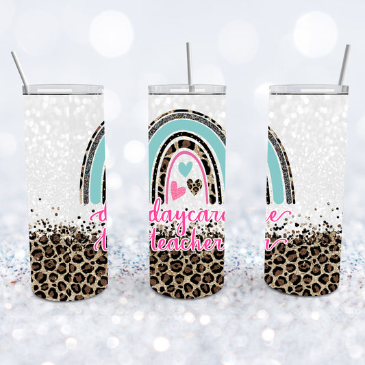 Daycare Teacher Leopard Glitter Rainbow Tumbler