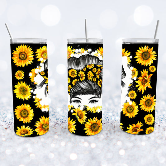 Black Sunflowers Messy Bun Tumbler