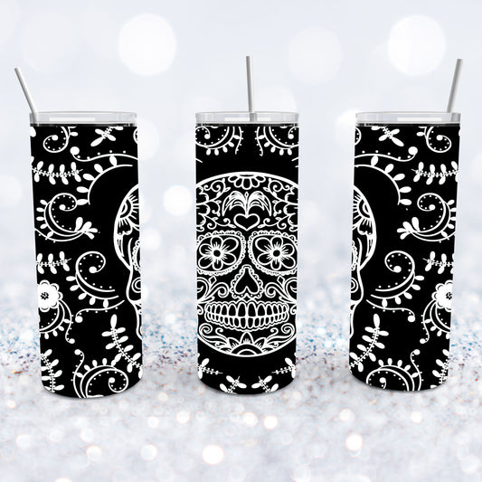 Black And White Floral Skull Tumbler