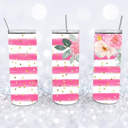 Water Color Flowers With Pink Striped Background Tumbler